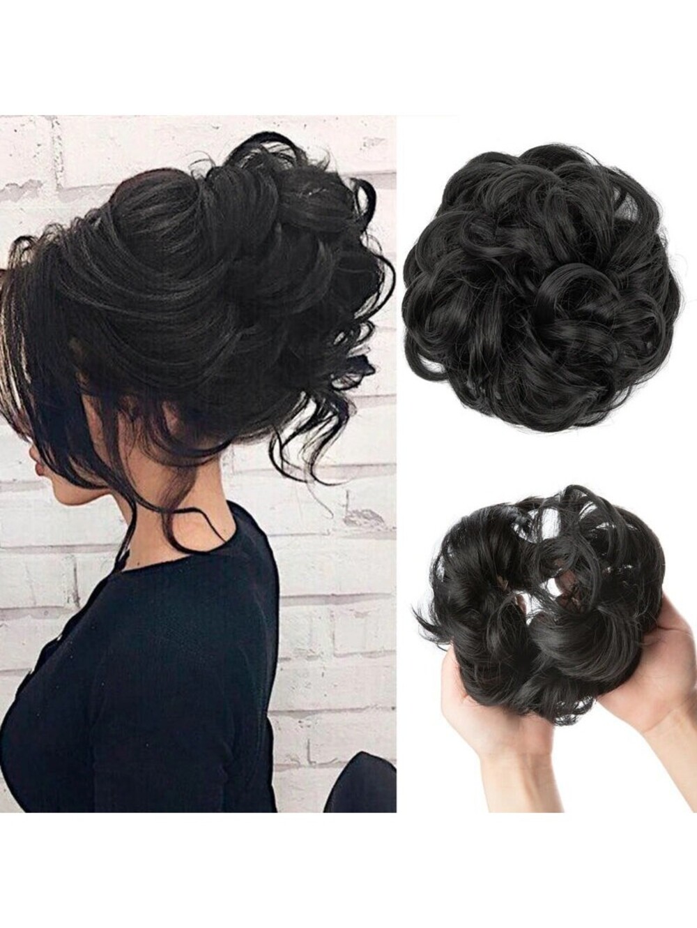 New CJL HairPremium Quality Hairpiece Large Messy Bun Wavy Curly Black/Brown